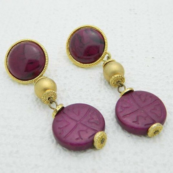 Vintage Jewelry - Asian Inspired Purple Gold Tone Dangle Earrings